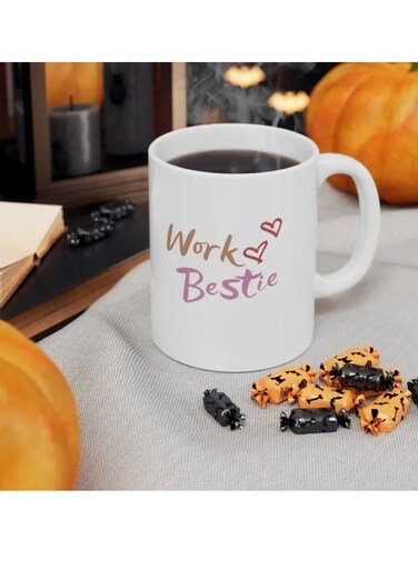 1pc CozyCup 11oz Ceramic Coffee Mug, Work Bestie Double-Sided Print, Microwave Safe, Leakproof, Reusable, with Hand Wash, for All-Season Gift
