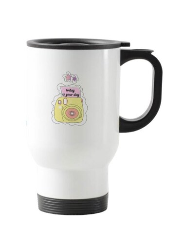 Cartoon Camera Printed Travel Mug White 13centimeter