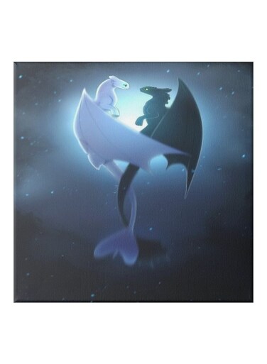 Dragon Anger Night Themed Canvas Painting With Frame Blue/Black/White 50x50cm