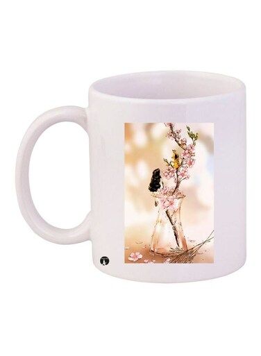 Decorative Printed Ceramic Coffee Mug White/Beige/Pink 11ounce