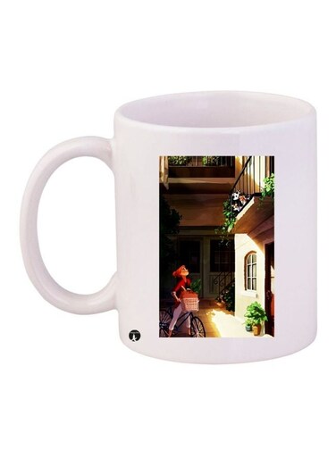 Woman Printed Ceramic Coffee Mug White/Brown/Red 11ounce