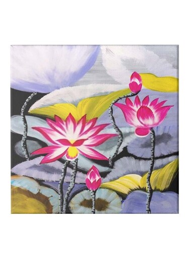 Lotus Themed Canvas Wall Painting With Frame Pink/Yellow/Purple 50x50cm