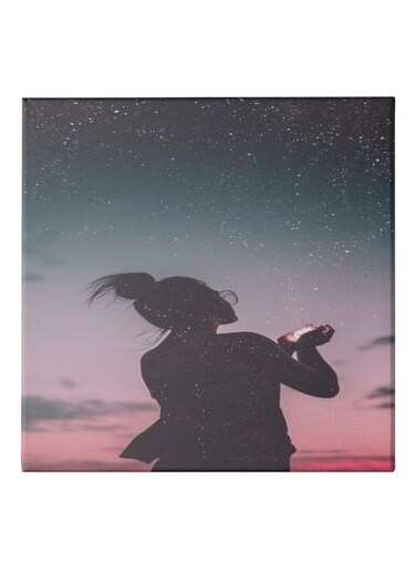 Girl Carrying Stars Themed Canvas Wall Painting With Hidden Frame Black/Blue/Pink 50x50cm