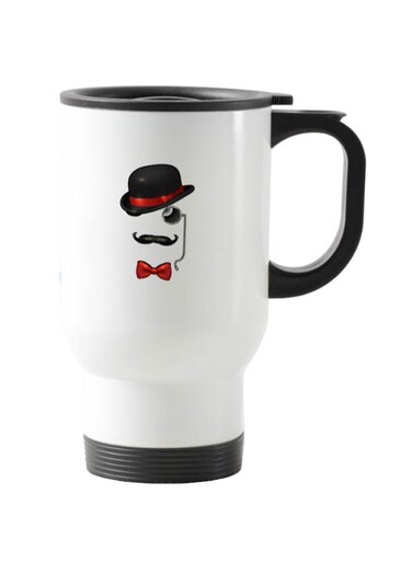 Hat And Mustache Printed Travel Mug White 13centimeter