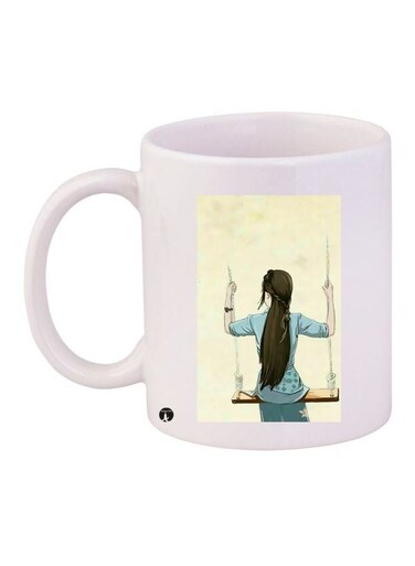 Woman Printed Ceramic Coffee Mug White/Blue/Yellow 11ounce