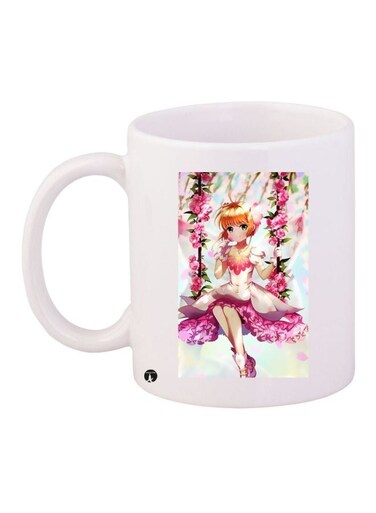 Anime Printed Ceramic Coffee Mug White/Pink/Beige 11ounce