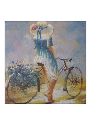 Girl On A Bike Themed Canvas Painting With Frame Blue/Beige/Grey 50x50cm