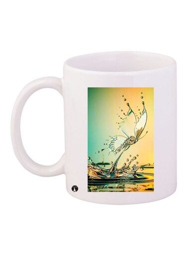 Butterfly Printed Coffee Mug White/Green/Yellow 11ounce