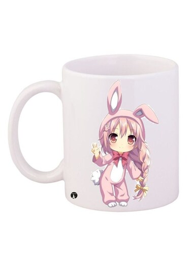 Cartoon Girl Printed Coffee Mug White/Pink/Beige 11ounce
