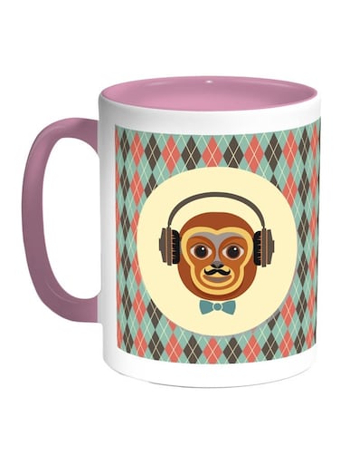 Cartoon Monkey Printed Coffee Mug Brown/Pink/Green 11ounce