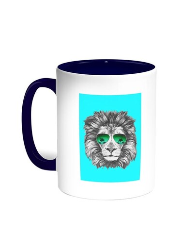 A Lion Wearing Glasses Printed Coffee Mug Blue/White 11ounce