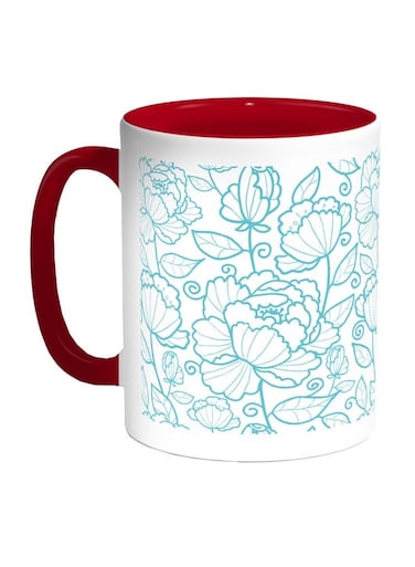Flowers Motifs Printed Coffee Mug Blue/White/Red 11ounce