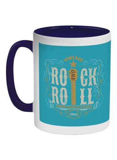Rock And Roll Printed Coffee Mug Blue/White/Yellow 325ml