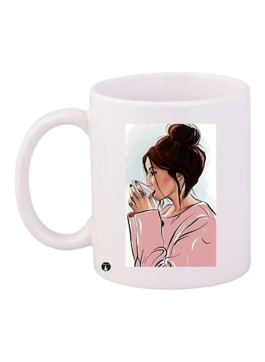 Woman Printed Ceramic Coffee Mug White/Pink/Brown 11ounce