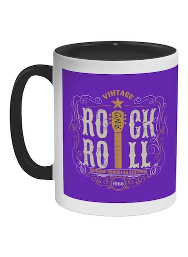 Rock And Roll Printed Coffee Mug Black/White/Purple 325ml