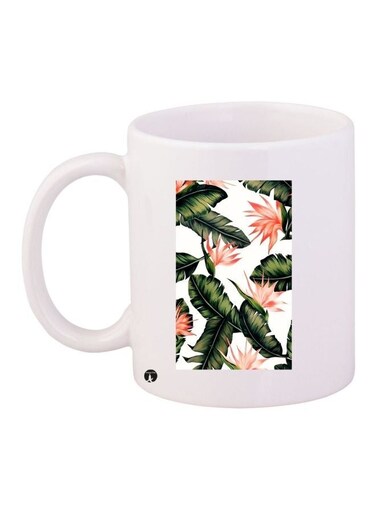 Leaf Printed Coffee Mug White/Green/Pink 11ounce