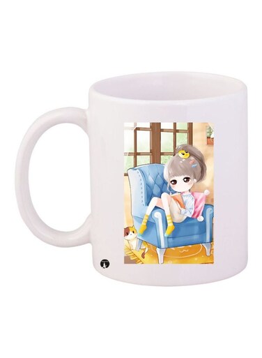 Anime Girl Printed Ceramic Coffee Mug White/Beige/Blue