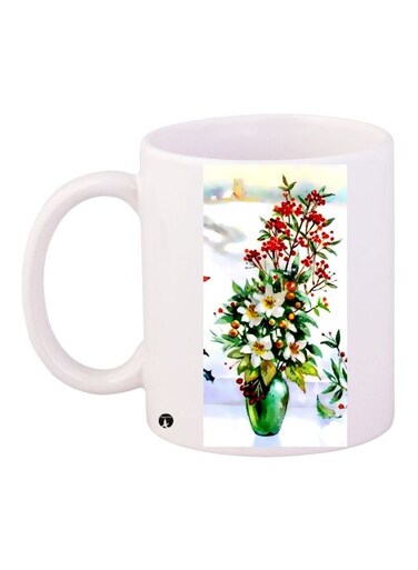 Flower Vase Printed Coffee Mug White/Green/Red 11ounce