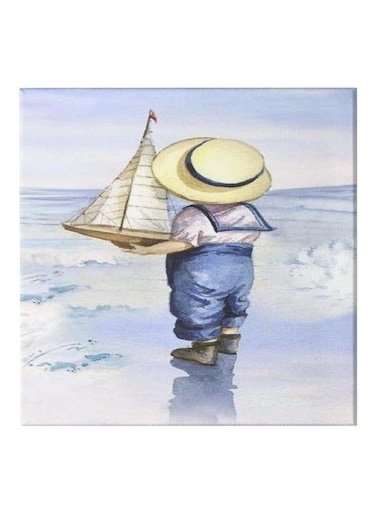Baby Themed Canvas Painting With Frame Blue/White/Brown 50x50cm