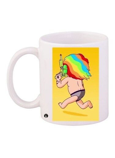 Cartoon Printed Coffee Mug White/Yellow/Green 11ounce