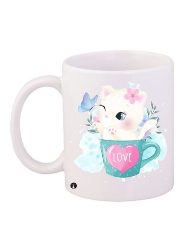 Cat Printed Coffee Mug White/Pink/Green 11ounce