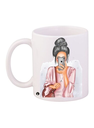 Cartoon Girl Printed Coffee Mug White/Pink/Grey 11ounce