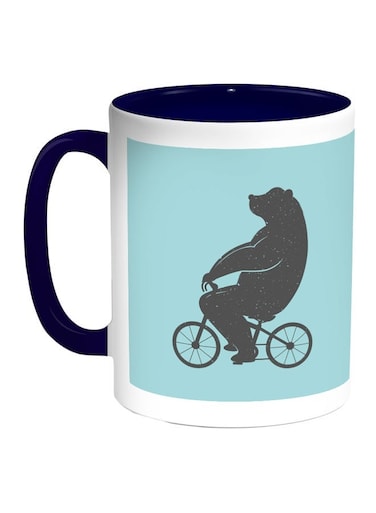 Bear Driving A Bicycle Printed Coffee Mug Blue/White/Grey 11ounce