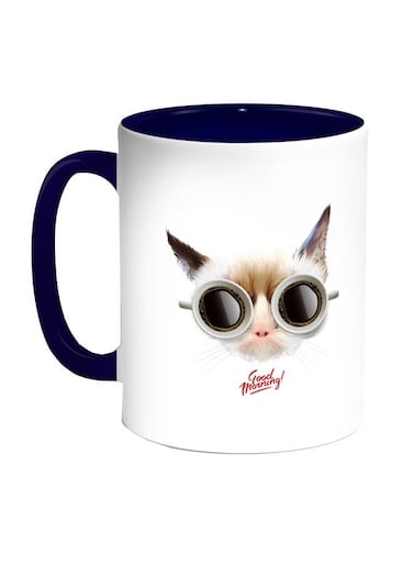 Cat Printed Coffee Mug Blue/White/Beige 11ounce