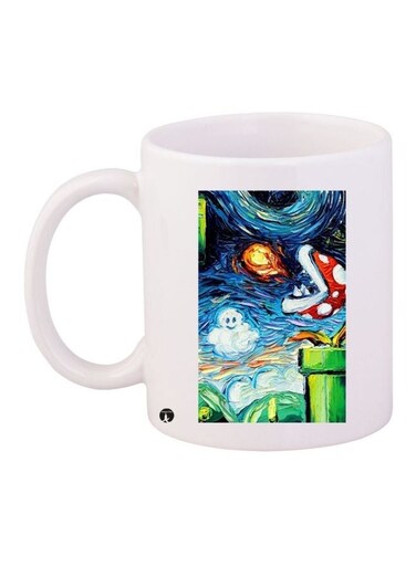 Printed Ceramic Coffee Mug White/Green/Blue 11ounce