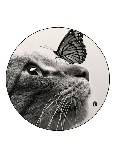 Cat And Butterfly Printed Wooden Fridge Magnet Grey 5.5cm