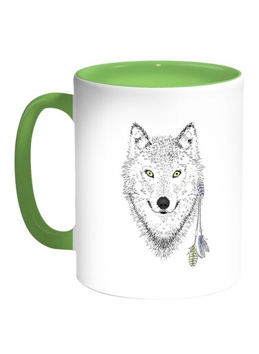 Cartoon Drawings - Wolf Printed Coffee Mug White/Green 11ounce