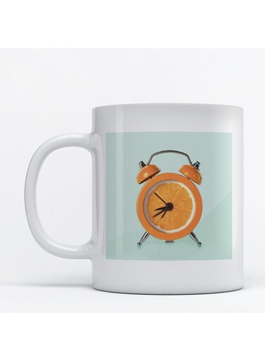 Alarm Clock Printed Coffee Mug White/Blue/Orange