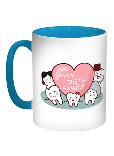 Happy Teeth Family Printed Coffee Mug Blue/White/Pink 11ounce