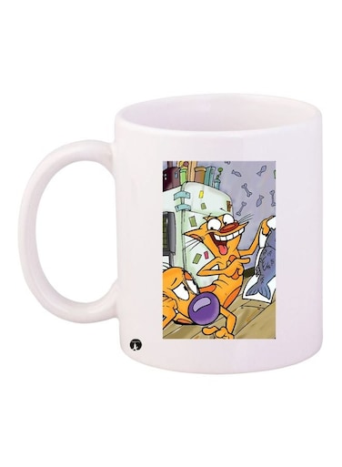 Cartoon Printed Coffee Mug White/Brown/Blue 11ounce