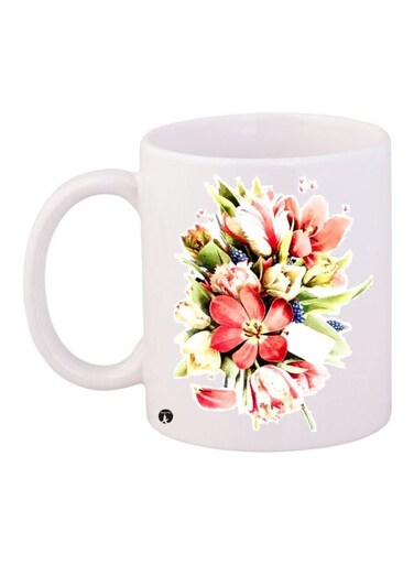 Flower Printed Coffee Mug White/Red/Green 11ounce