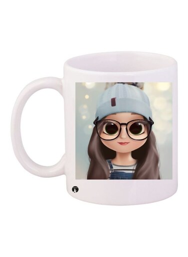 Spectacled Cartoon Girl Printed Coffee Mug White/Beige/Brown 11ounce