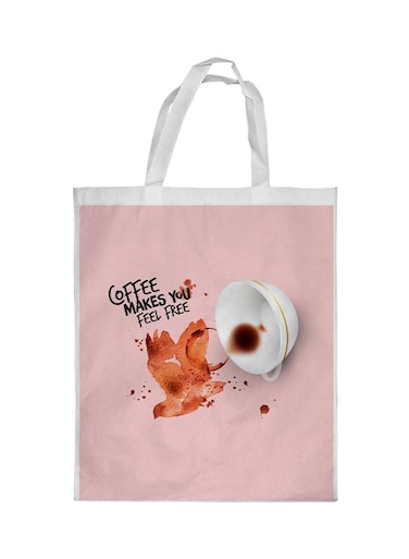 Coffee Makes You Feel Free Printed Shopping Bag Pink/White