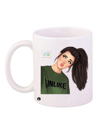 Girl Printed Ceramic Coffee Mug White/Green/Beige 11ounce