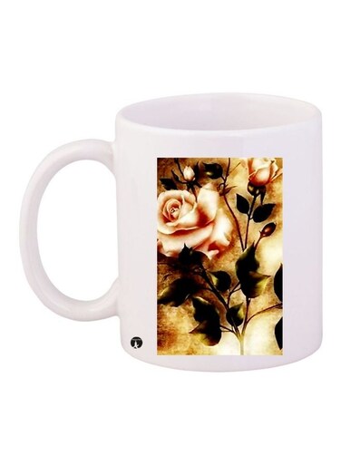 Rose Printed Ceramic Coffee Mug White/Beige/Green 11ounce