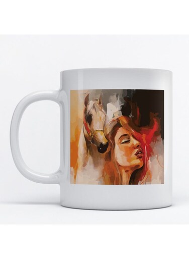 Woman and Horse Printed Mug White/Orange/Beige