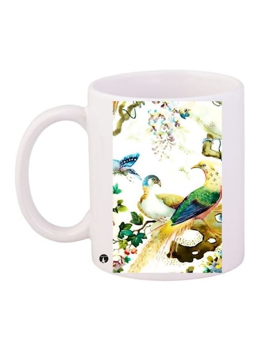 Bird Printed Coffee Mug White/Green/Blue 11ounce