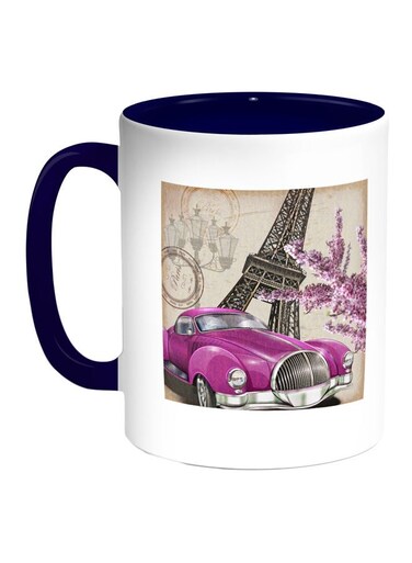 Classic Car Paris Printed Coffee Mug Blue/White/Beige 11ounce