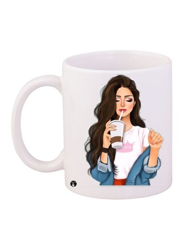 Girl Printed Coffee Mug White/Beige/Black 11ounce