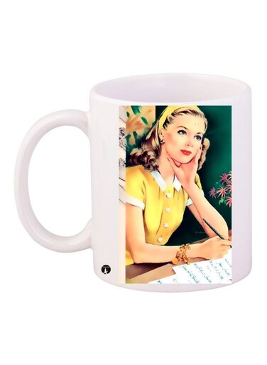 Girl Printed Coffee Mug White/Yellow/Green 11ounce