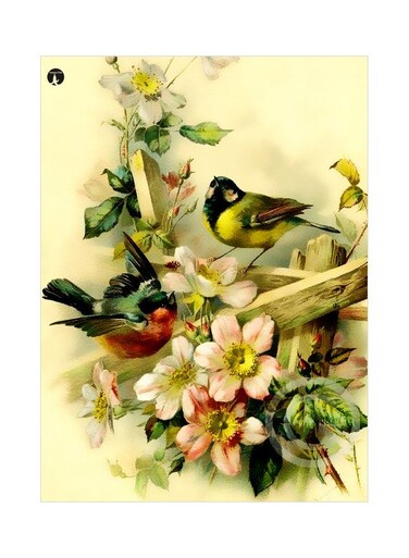 Flowers And Birds Themed Decorative Metallic Plate Beige/Green/Peach 20x15cm