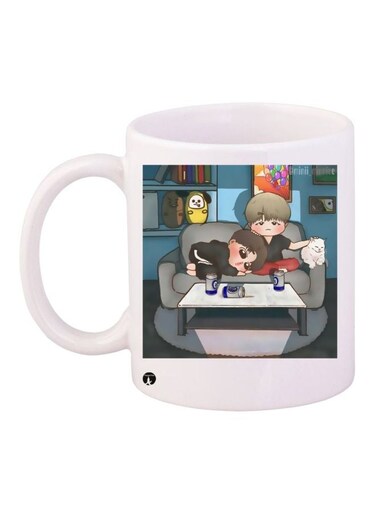 Cartoon Printed Coffee Mug White/Grey/Blue 11ounce