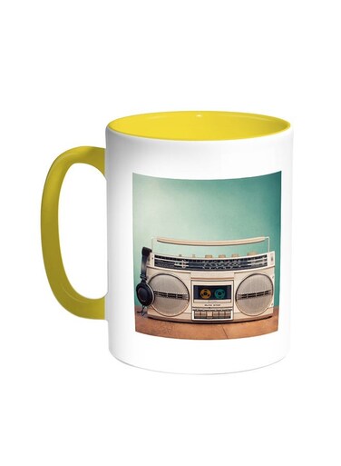 Old Cassette Recorder Printed Coffee Mug Yellow/White 11ounce