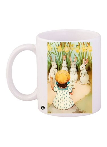 Rabbit Printed Coffee Mug White/Green/Yellow 11ounce