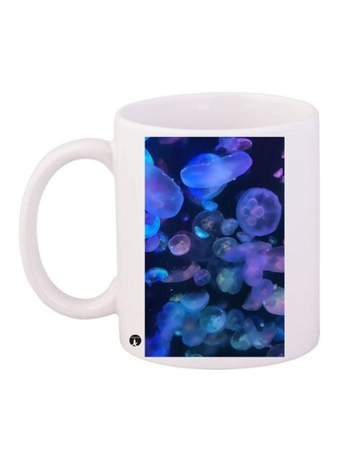 Jelly Fish Printed Coffee Mug White/Blue/Pink 11ounce