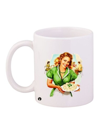 Women Printed Ceramic Coffee Mug White/Green/Beige 11ounce